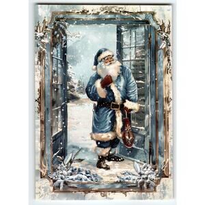 Vintage Blue Santa Claus Christmas Snow Scene Lithograph Postcard